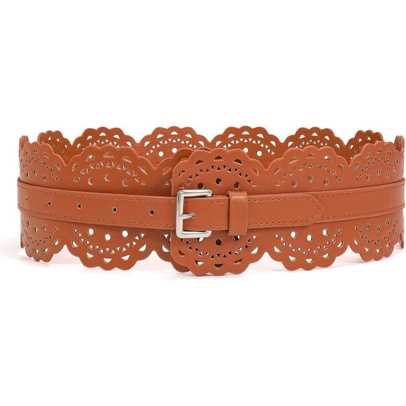 Women\'s Wide Dresses Chunky Thick Leather Waist Prong Buckle Belts Silver Brown main image 6
